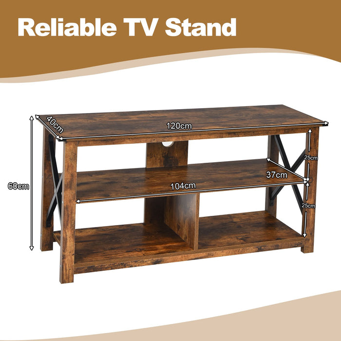 3-Tier Rustic TV Stand with Open Shelves and Cable Management
