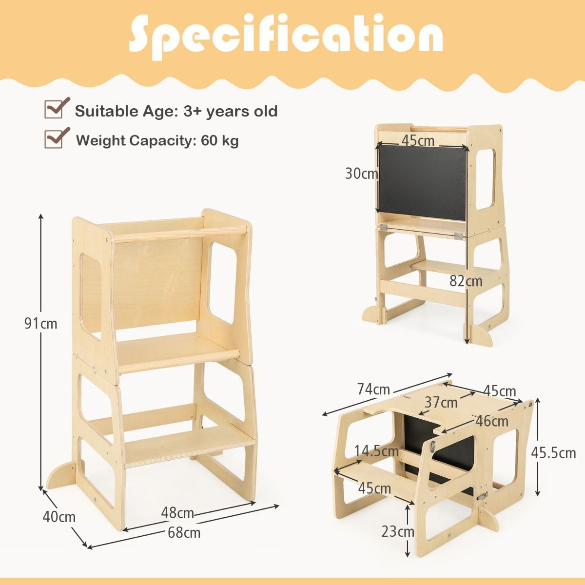 SEDOL 3-in-1 Montessori Convertible Learning Tower & Weaning Table with Integrated Chalkboard – Solid Wood Foldable Kitchen Helper Stool with A-Frame Stability – 60kg Capacity