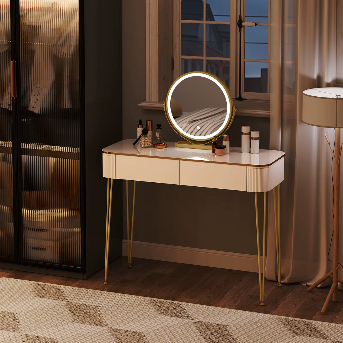 SEDOL White Dressing Table with Gold Metal Legs and LED Lighted Mirror Modern Vanity Desk with 2 Solid Wood Drawers Makeup Table for Elegant Bedroom Decor