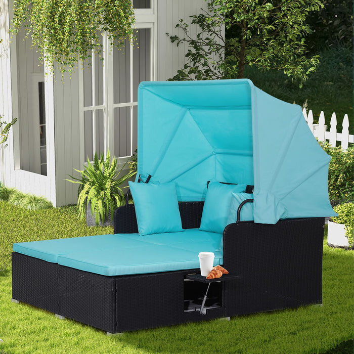Rattan Daybed with Retractable Canopy, Cushions & Side Trays