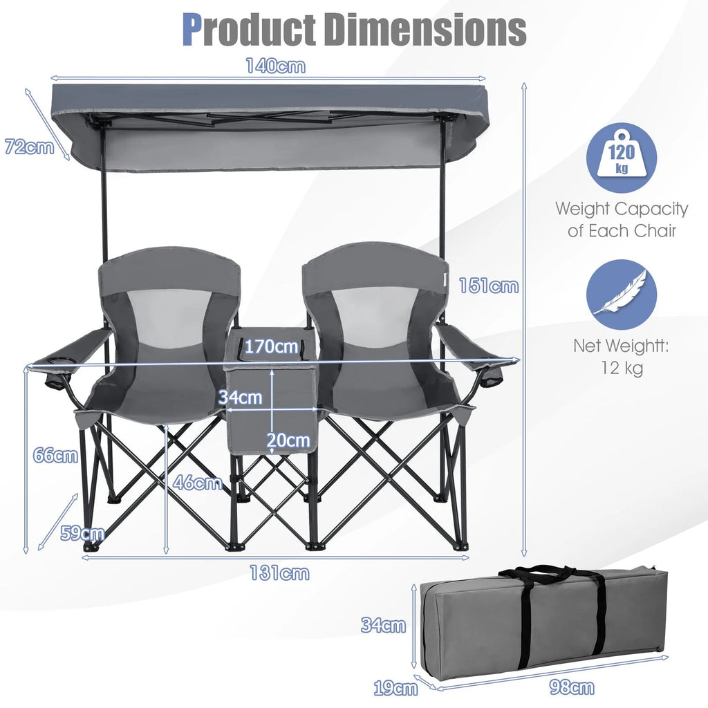Double Folding Camping Chair with Canopy and Armrests