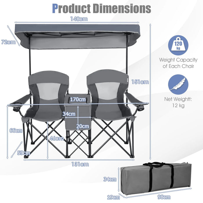Double Folding Camping Chair with Canopy and Armrests