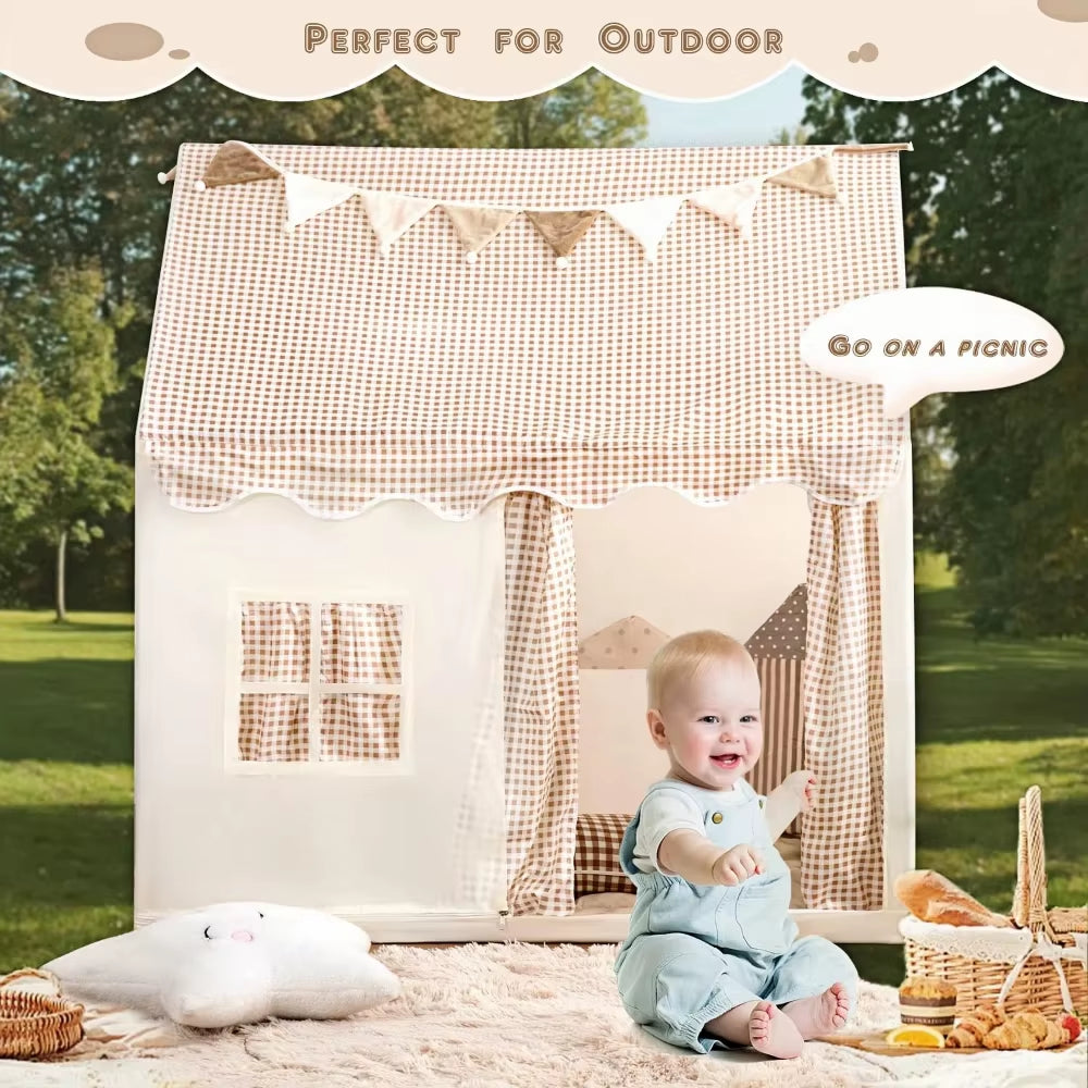 SEDOL Kids Play Tent Indoor Playhouse with LED Star Lights Large Folding Princess Castle Reading Nook and Secret Hideaway for Boys & Girls Beige