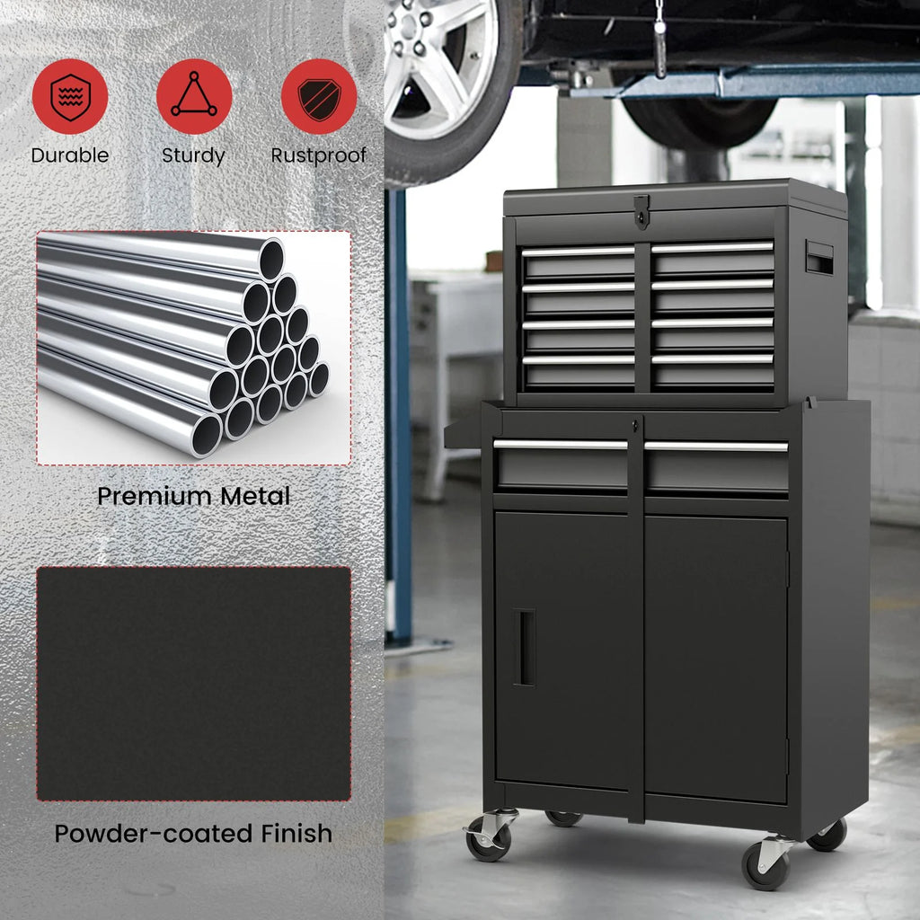 High-Capacity Rolling Tool Cabinet – Lockable Wheels, Metal 2‑in‑1 Chest & Base