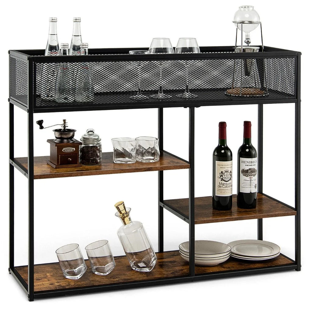 4-Tier Console Table with Wire Basket and Storage Shelves