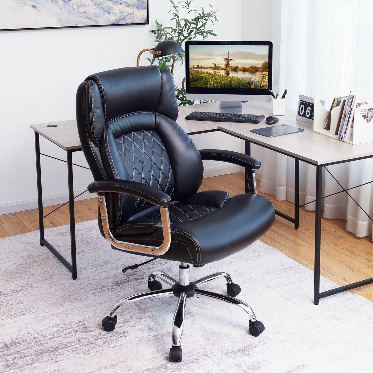 Leather Office Chair with Rocking Mode and Armrests
