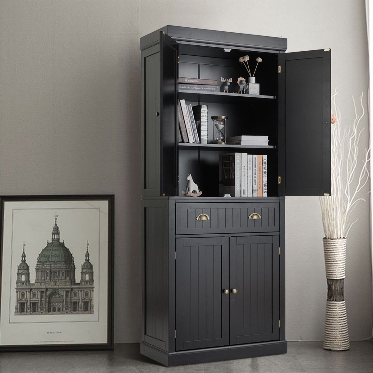 4-Door Tall Kitchen Cupboard Adjustable Shelves and Drawer