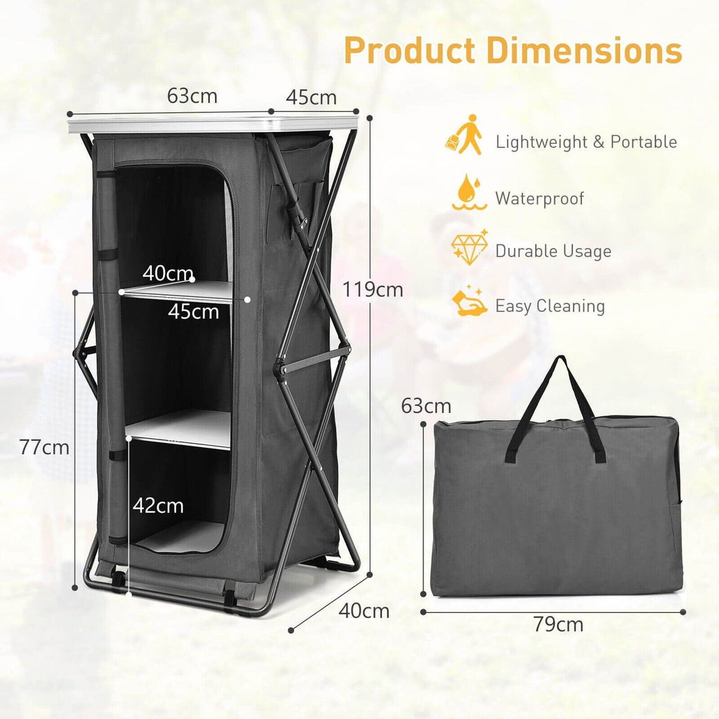 3-Tier Folding Camping Storage Cabinet with Side Pockets and Carry Bag