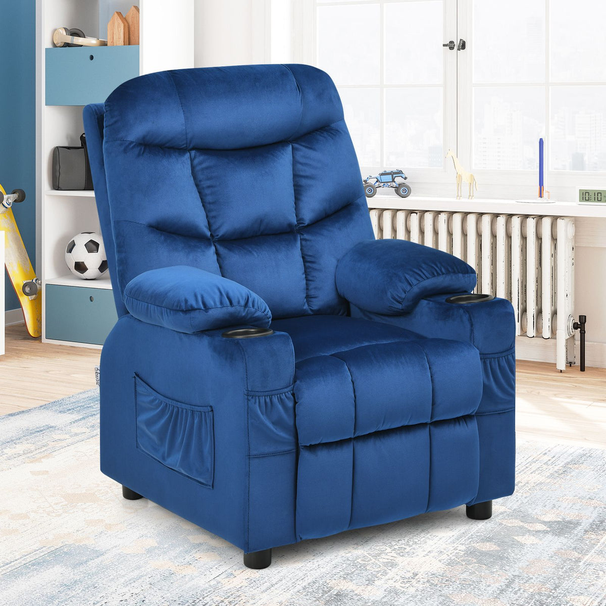 SEDOL Deluxe Larger Kids Recliner Armchair with Dual Cup Holders and Storage Pockets Premium Velvet Children’s Lounge Chair with 130° Adjustable Backrest & Pine Wood Frame