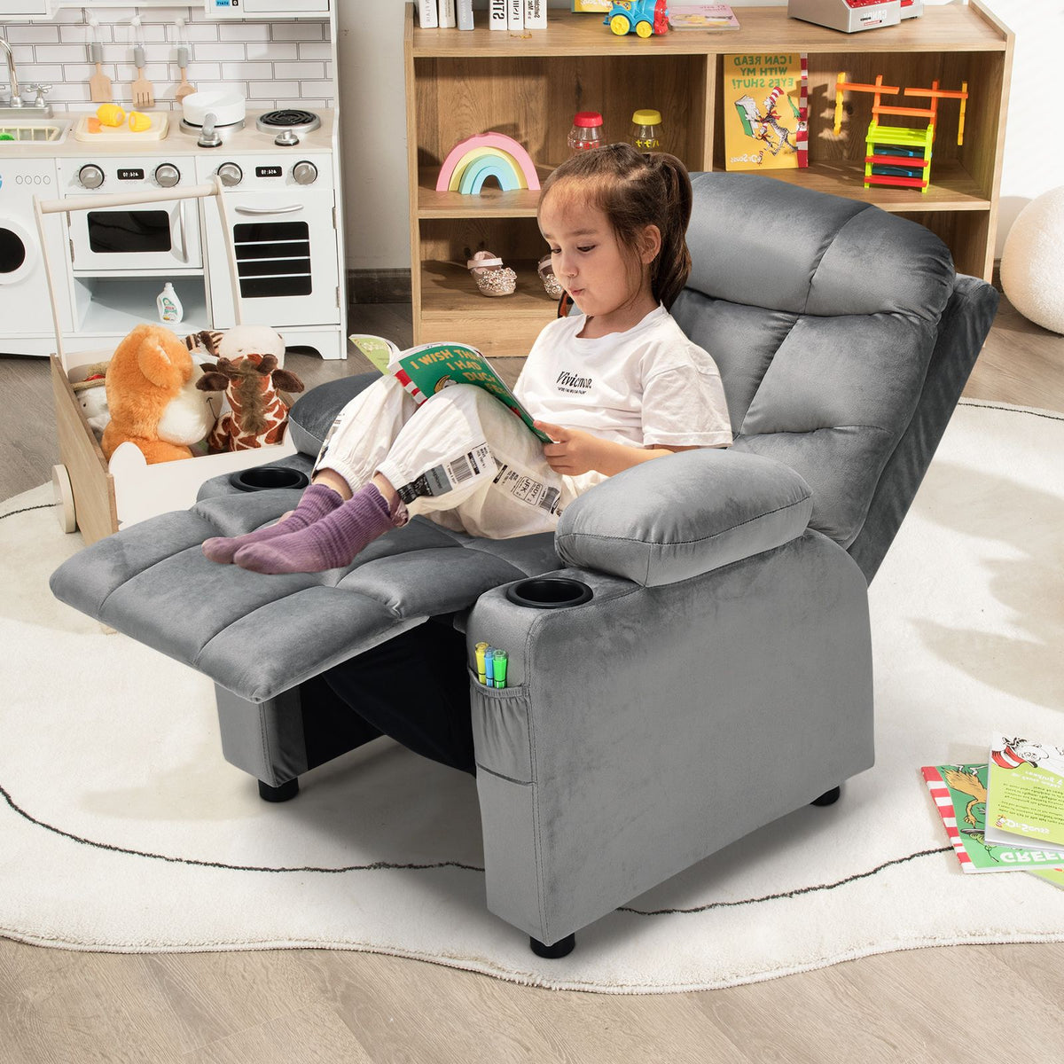 SEDOL Deluxe Larger Kids Recliner Armchair with Dual Cup Holders and Storage Pockets Premium Velvet Children’s Lounge Chair with 130° Adjustable Backrest & Pine Wood Frame