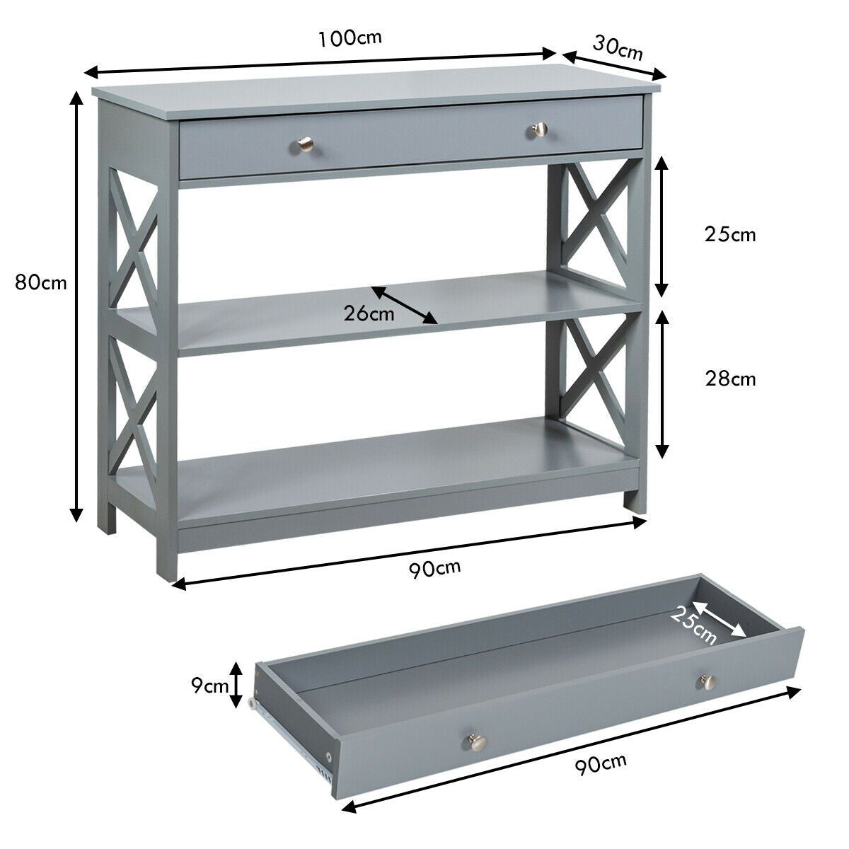 3-Tier Console Table with 1 Drawer and 2 Storage Shelves