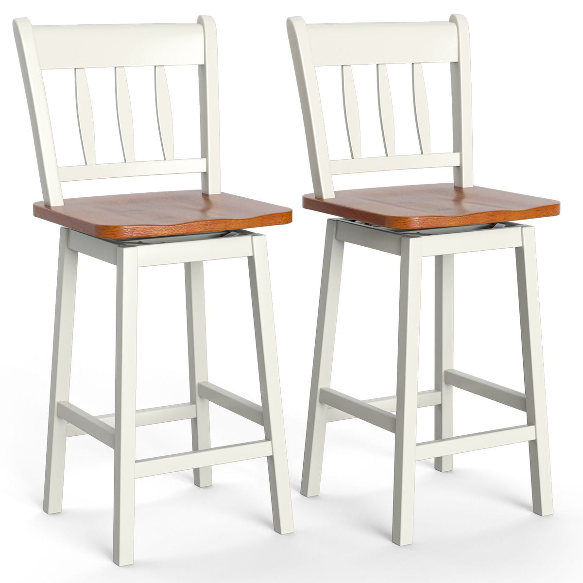 Set of 2 97Cm Swivel Rubber Wood Bar Stools with Backrest and Footrest