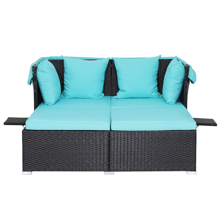 Rattan Daybed with Retractable Canopy, Cushions & Side Trays