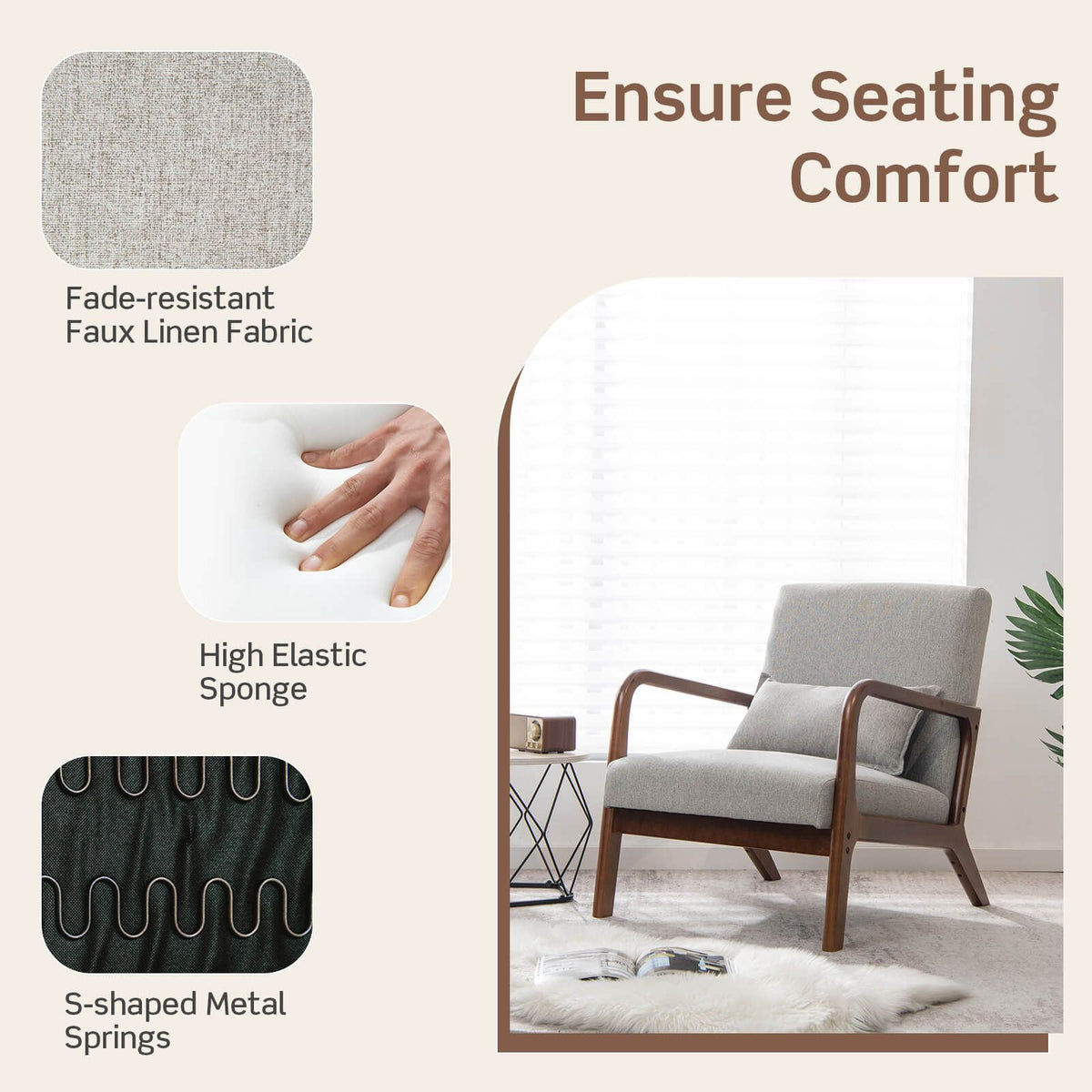 Modern Accent Chair with Lumbar Pillow and Rubber Wood Frame