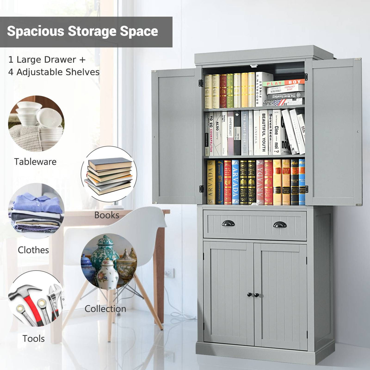 4-Door Tall Kitchen Cupboard Adjustable Shelves and Drawer