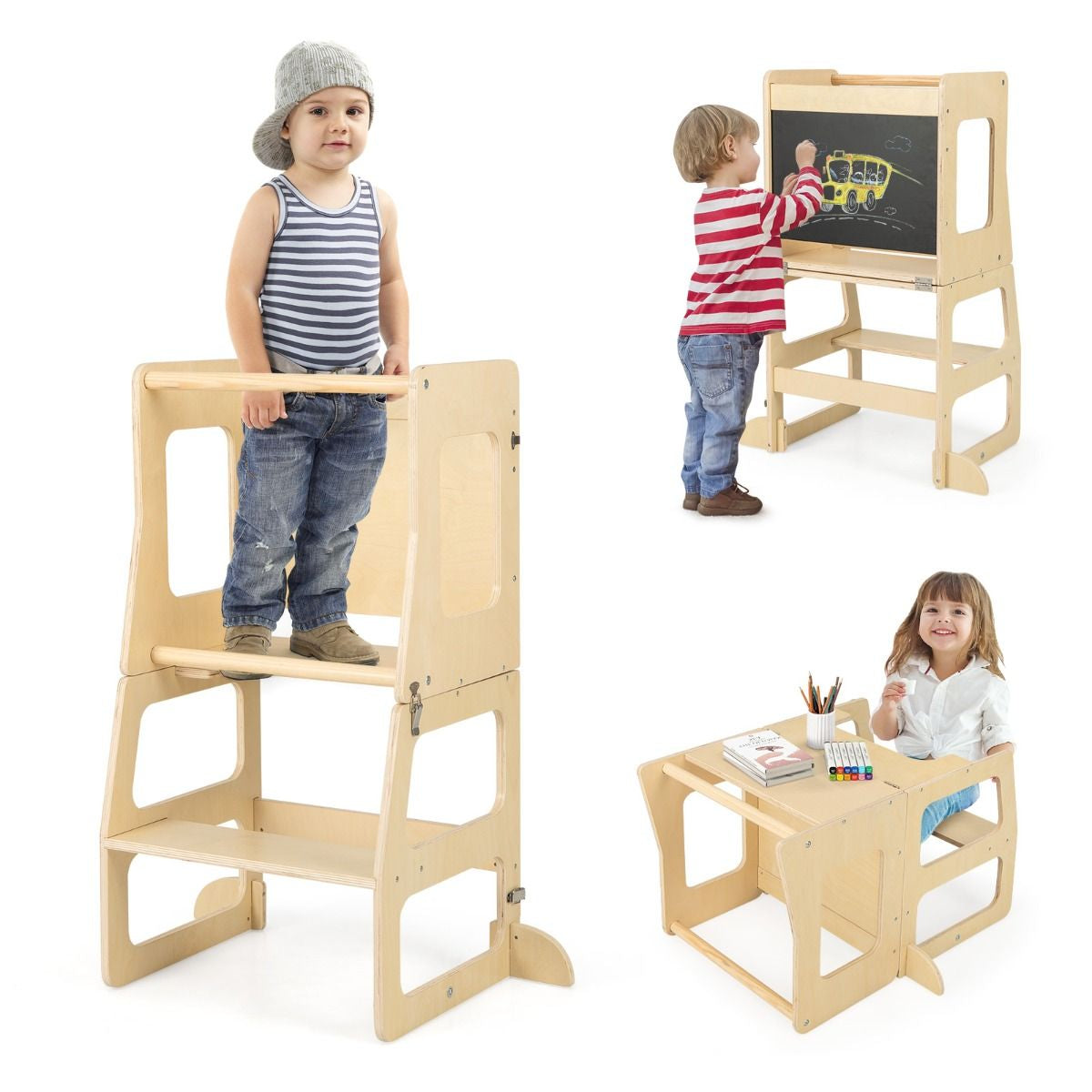 SEDOL 3-in-1 Montessori Convertible Learning Tower & Weaning Table with Integrated Chalkboard – Solid Wood Foldable Kitchen Helper Stool with A-Frame Stability – 60kg Capacity
