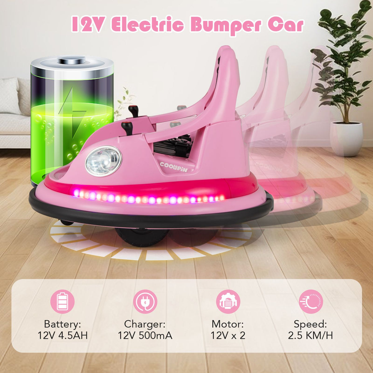 SEDOL 12V High-Performance Kids Bumper Car with 5-Point Safety Harness 360° Zero-Turn Dual Joysticks and 5-Mode LED Light Show – 12V Powered for Ages 3+
