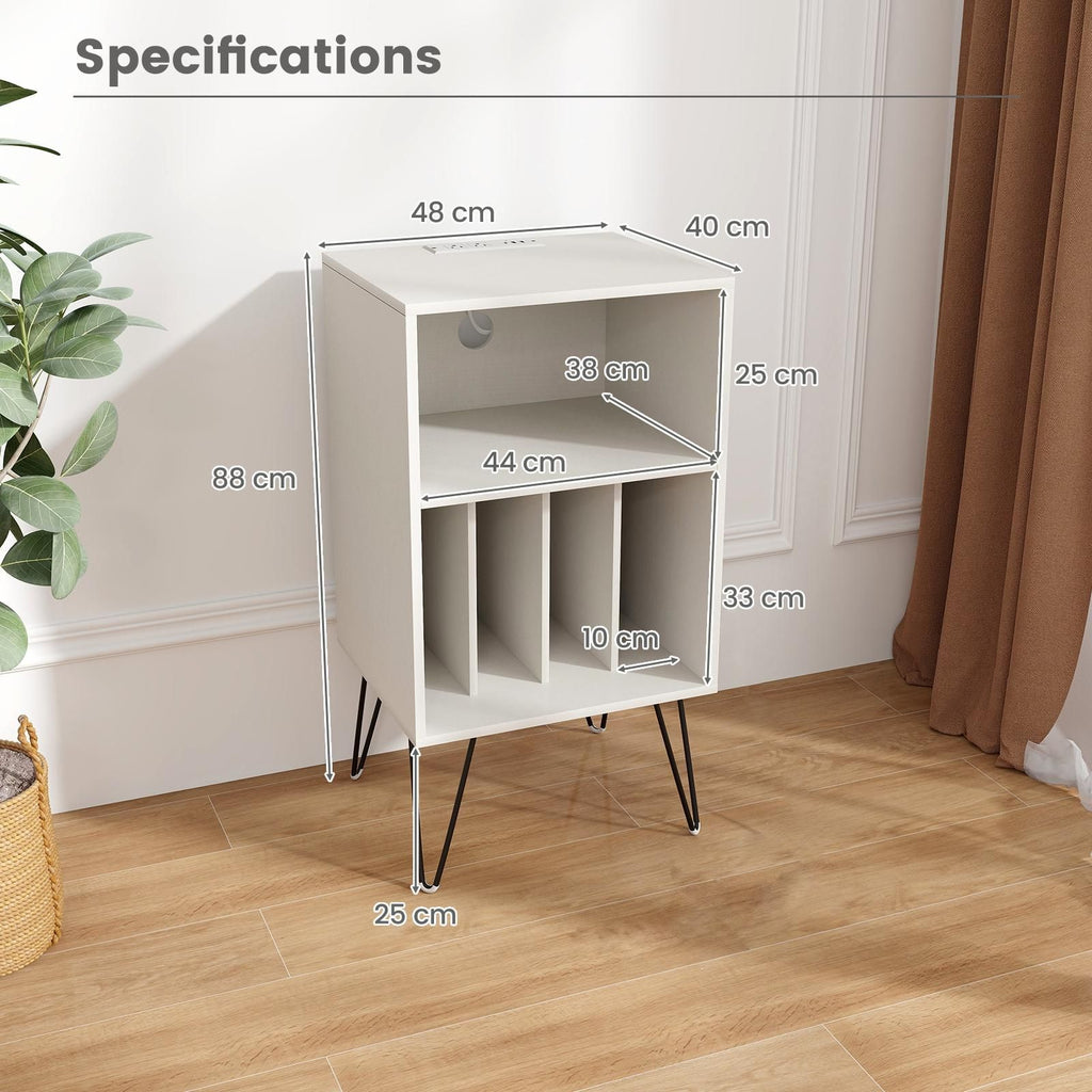 3-Tier Record Player Stand with Charging Station Shelf and 4 Dividers