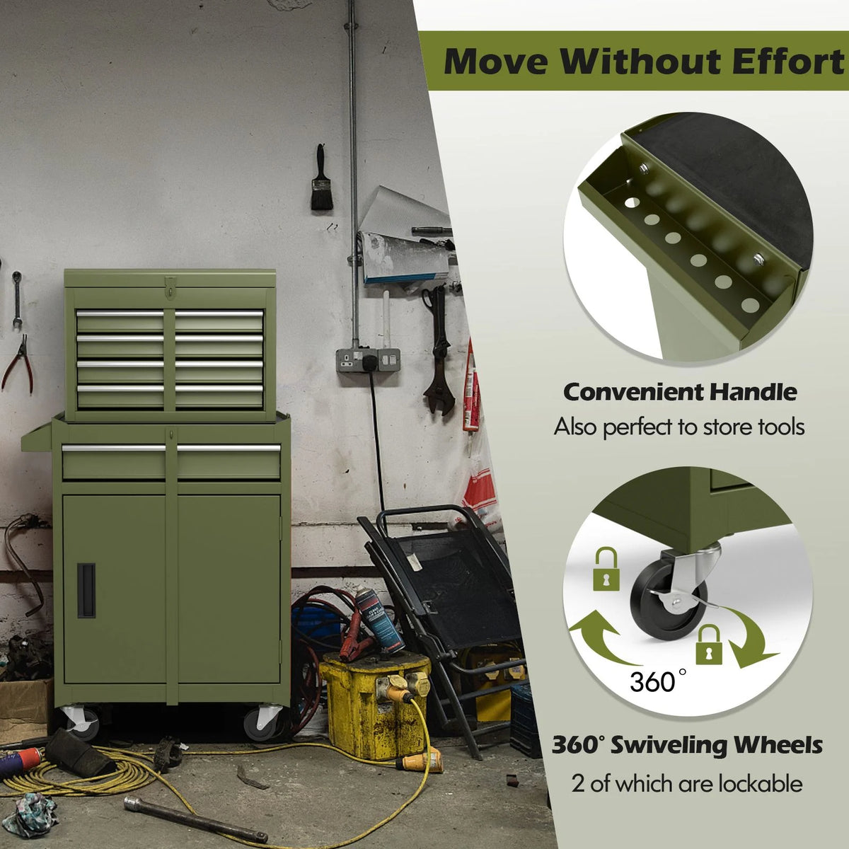 High-Capacity Rolling Tool Cabinet – Lockable Wheels, Metal 2‑in‑1 Chest & Base