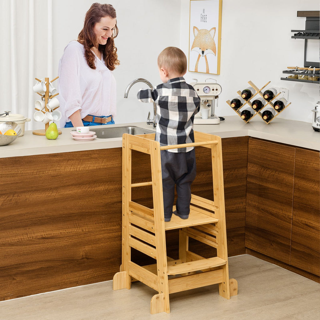 SEDOL Sustainable Bamboo Montessori Learning Tower for Toddlers 4-Level Adjustable Height Kitchen Helper Stool with A-Frame Anti-Tip Safety Rail – 70kg Capacity