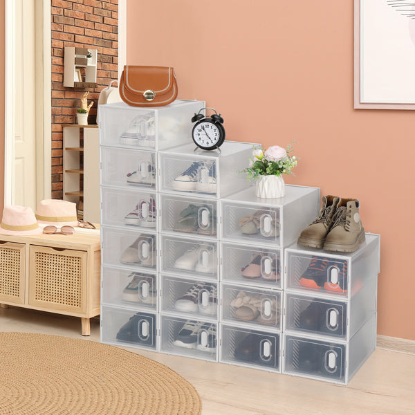 18-Pack Clear Shoe Storage Boxes – Stackable Plastic Organiser with Front Drop-Down Doors