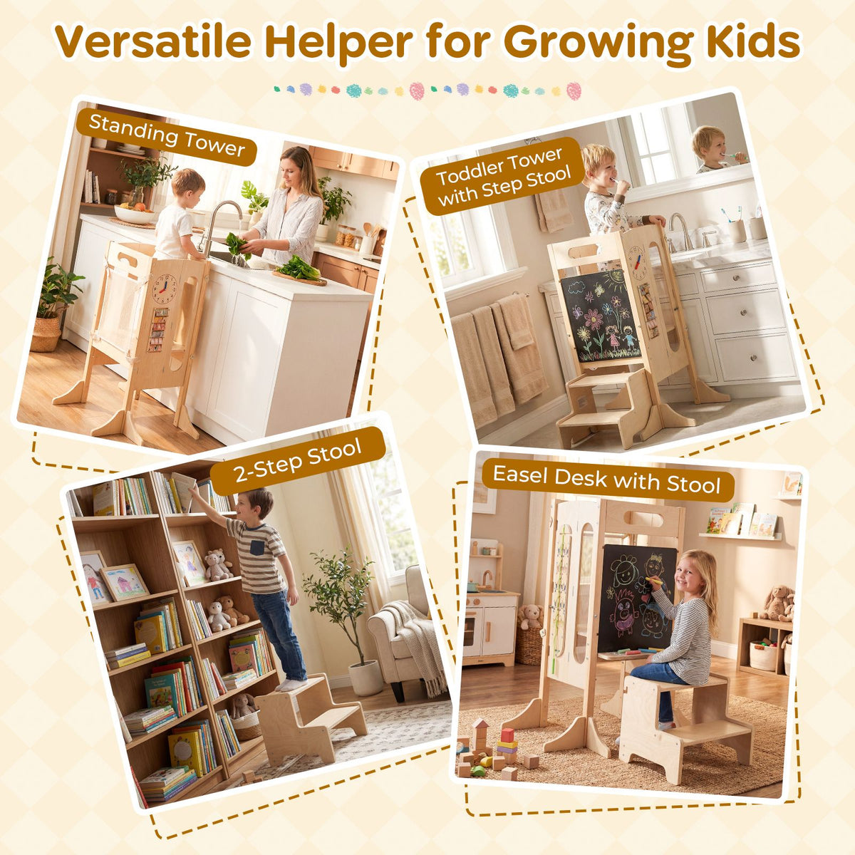 SEDOL 4-in-1 Folding Montessori Learning Tower & Sensory Activity Station — Convertible Kitchen Helper Stool with Art Easel, Step Stool, and Detachable Safety Net