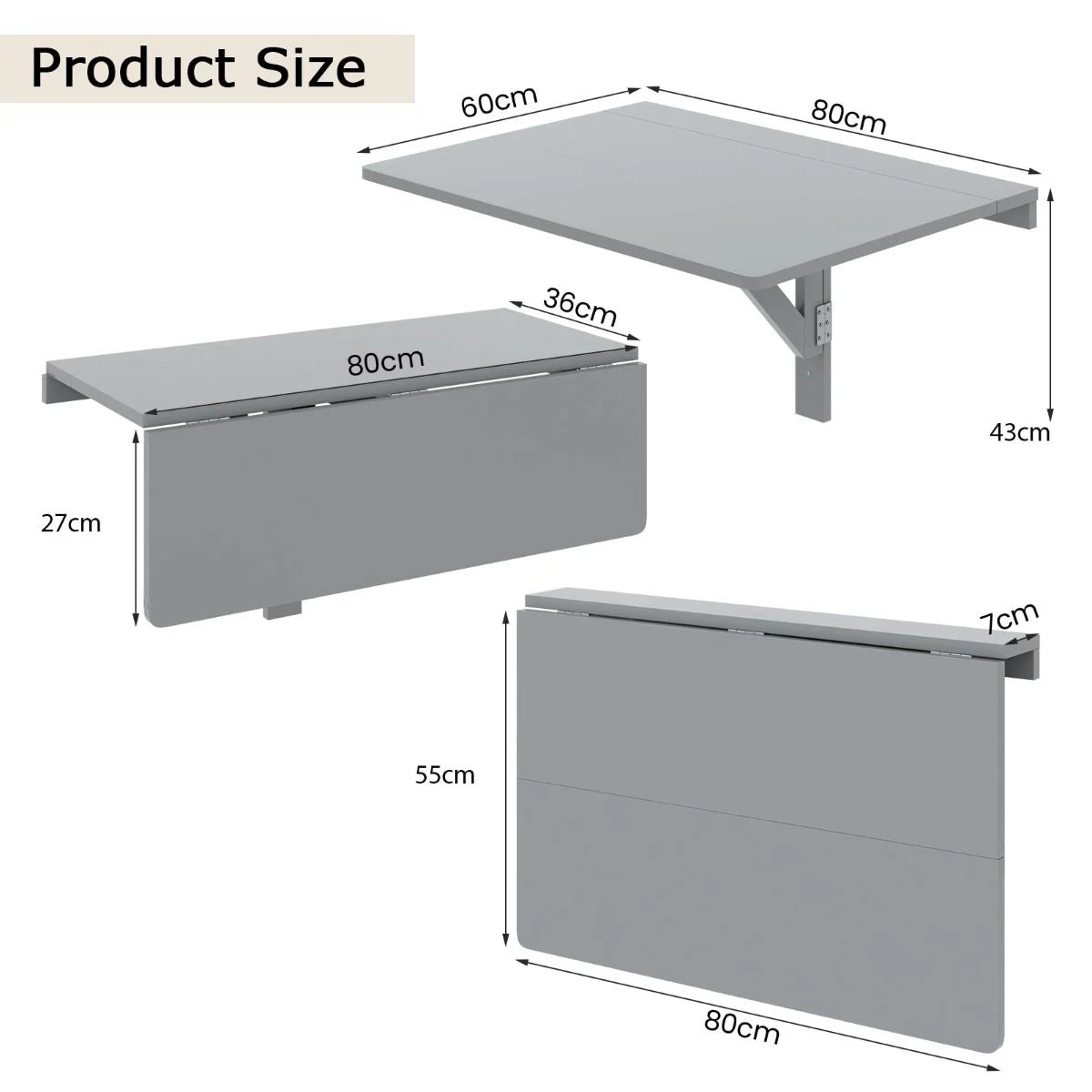 80 X 60 Cm Wall Mounted Folding Table Drop-Leaf Floating Writing Desk
