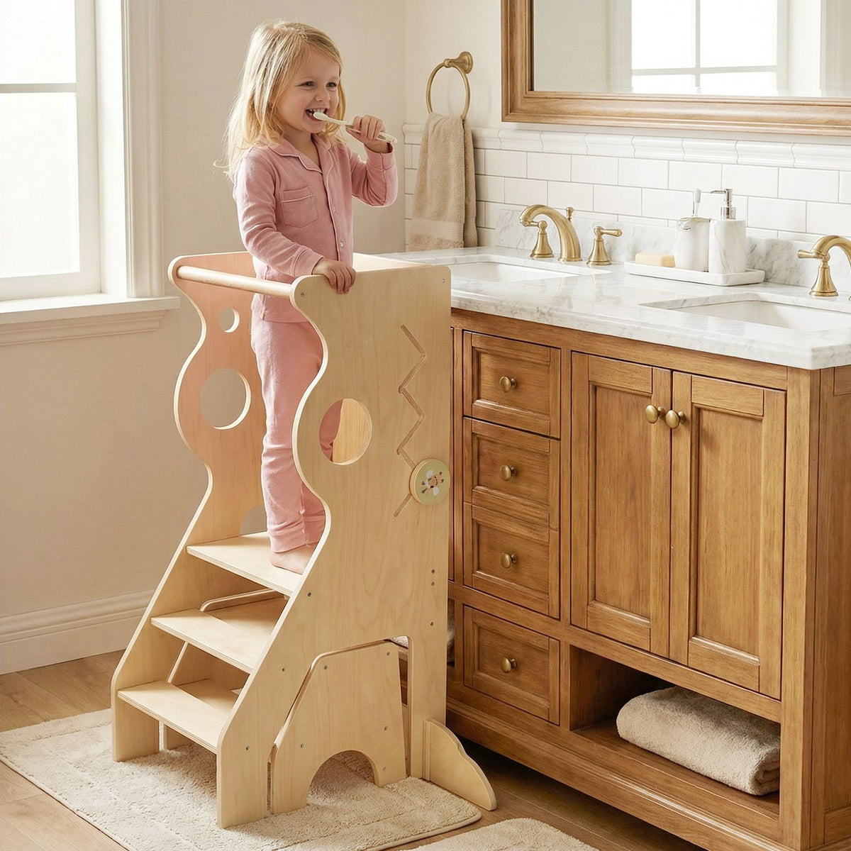 SEDOL 2-in-1 Montessori Convertible Learning Tower & Weaning Table Set with Nested 2-Step Stool, Removable Safety Bars and Integrated Line-Tracking Game