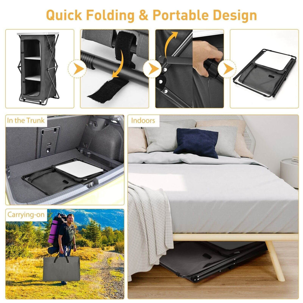 3-Tier Folding Camping Storage Cabinet with Side Pockets and Carry Bag