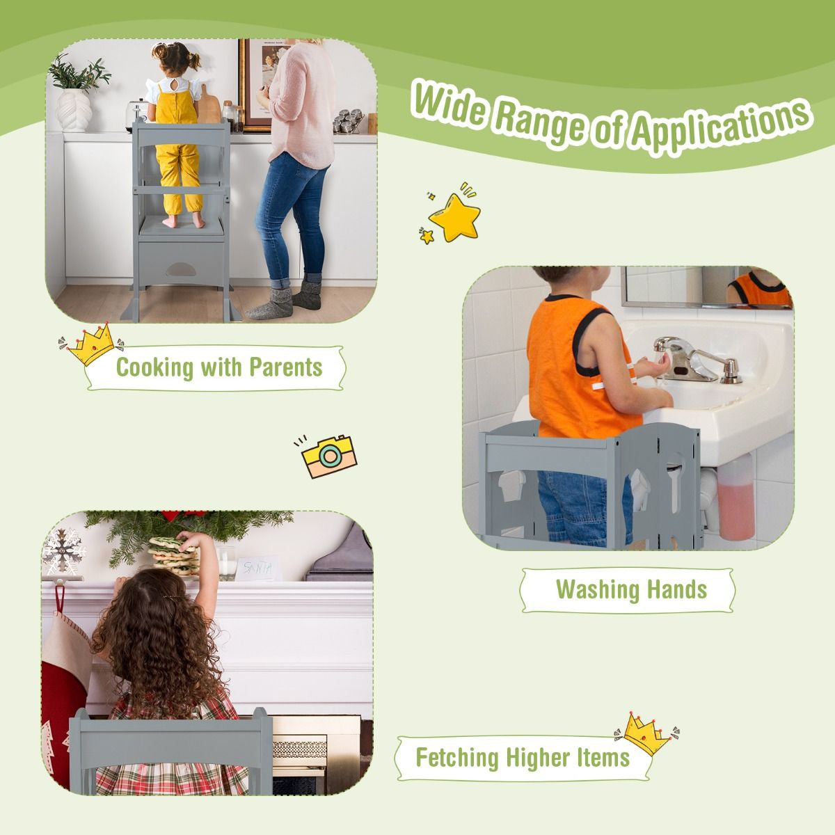 SEDOL Folding Montessori Learning Tower for Toddlers Space-Saving Height Adjustable Kitchen Helper Stool with Safety Latches and Full-Surround Guardrails
