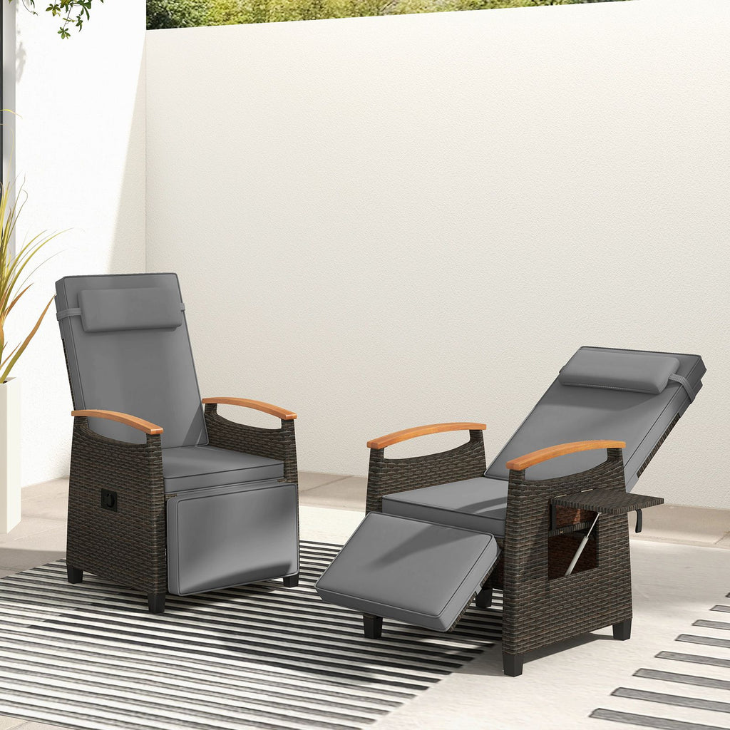 Patio Rattan Recliner Chair with Adjustable Backrest, Footrest & Flip Side Table