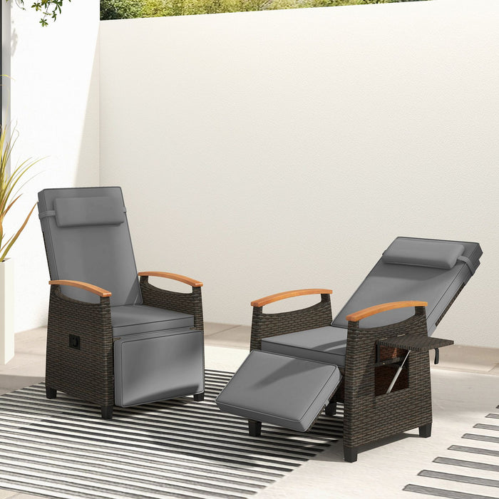 Patio Rattan Recliner Chair with Adjustable Backrest, Footrest & Flip Side Table