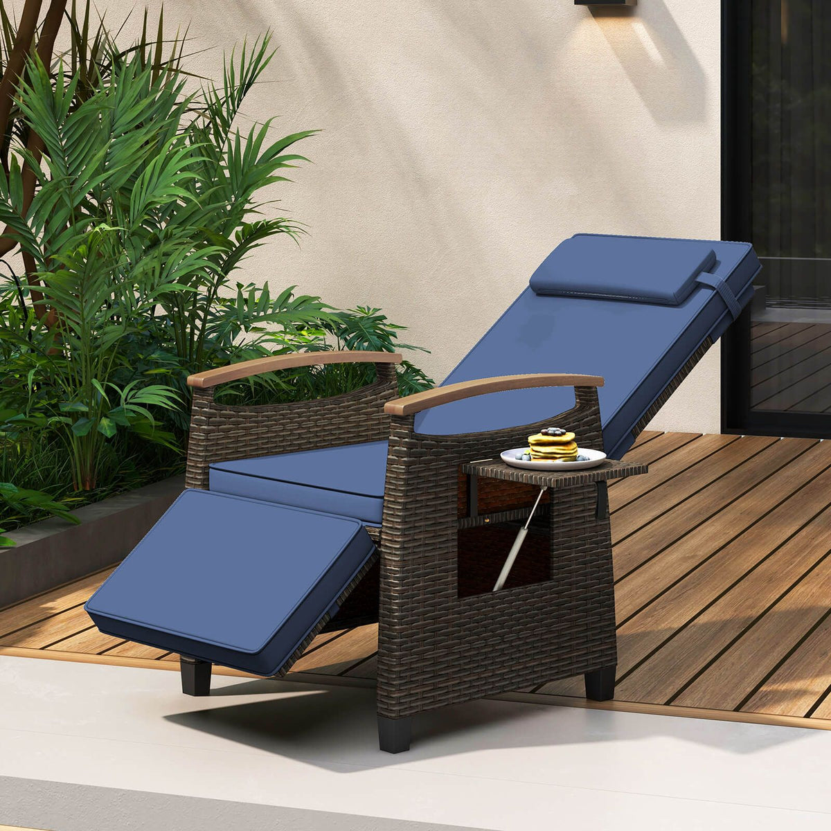 Patio Rattan Recliner Chair with Adjustable Backrest, Footrest & Flip Side Table