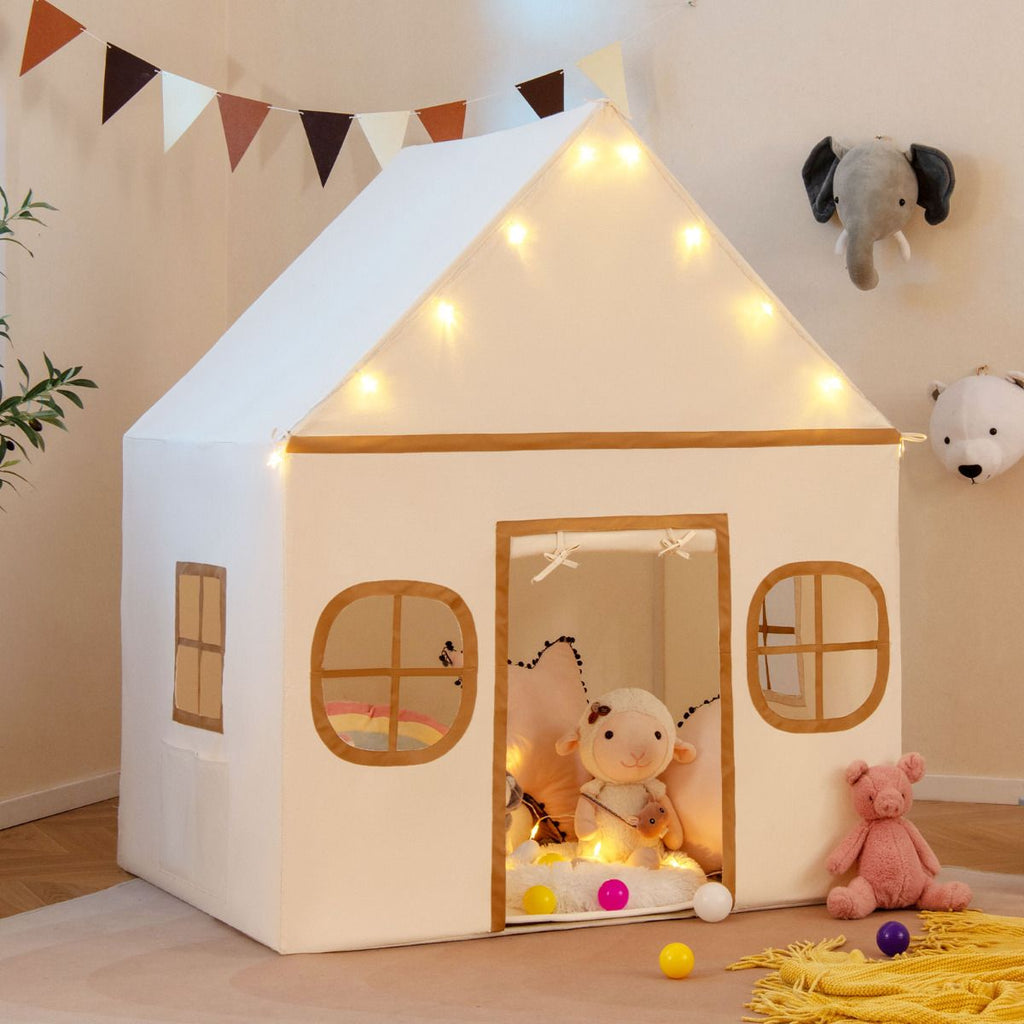 SEDOL Large Indoor Kids Playhouse with Plush Coral Velvet Mat and LED Star Lights Breathable Cotton-Blend Play Tent with Storage Pockets for Reading and Napping