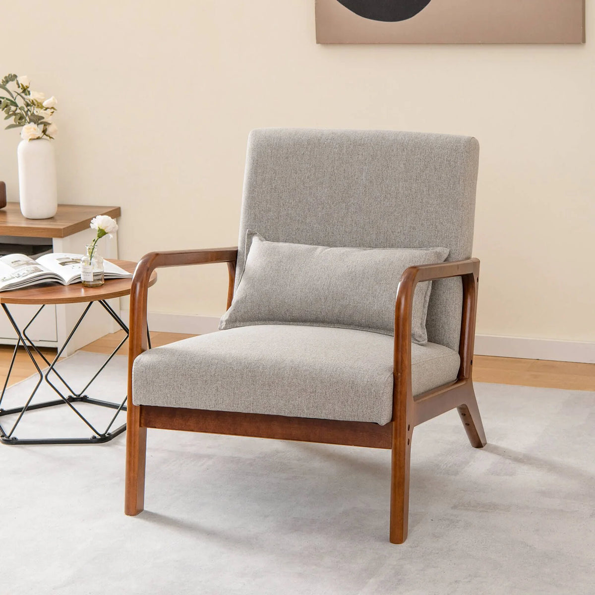 Modern Accent Chair with Lumbar Pillow and Rubber Wood Frame