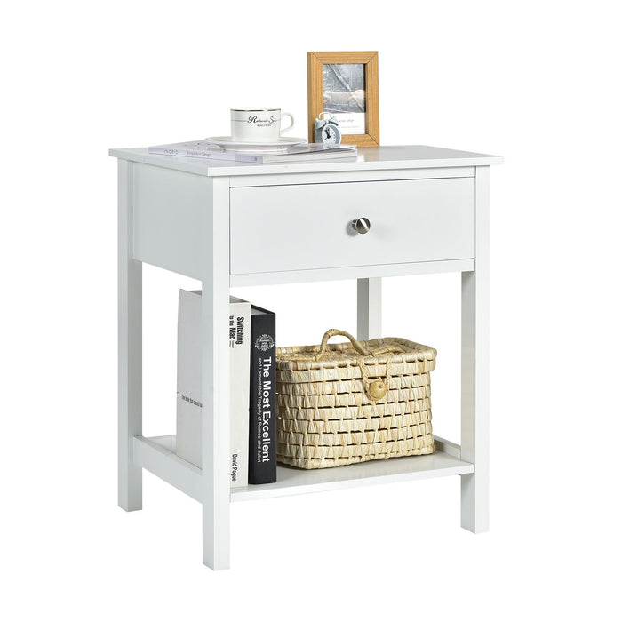 2 Pieces Wooden Nightstand with Drawer and Storage Shelf