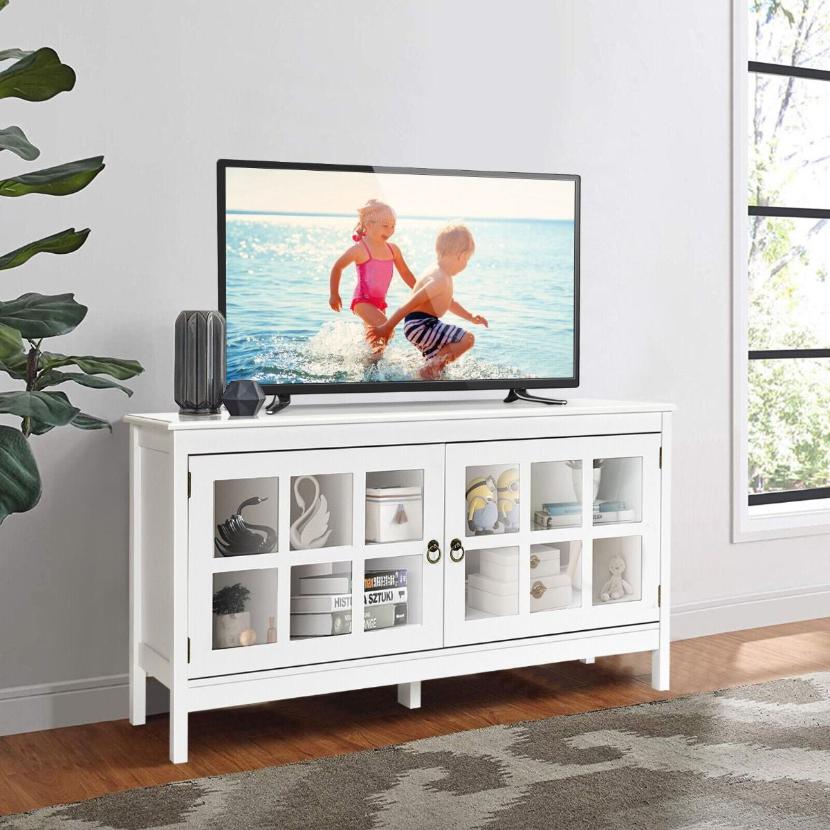 Modern Wooden TV Stand with Tempered Glass Doors for Tvs up to 50''