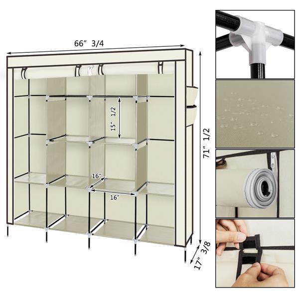 67" Portable Clothes Wardrobe – 12-Shelf Fabric Closet Organiser (Beige)