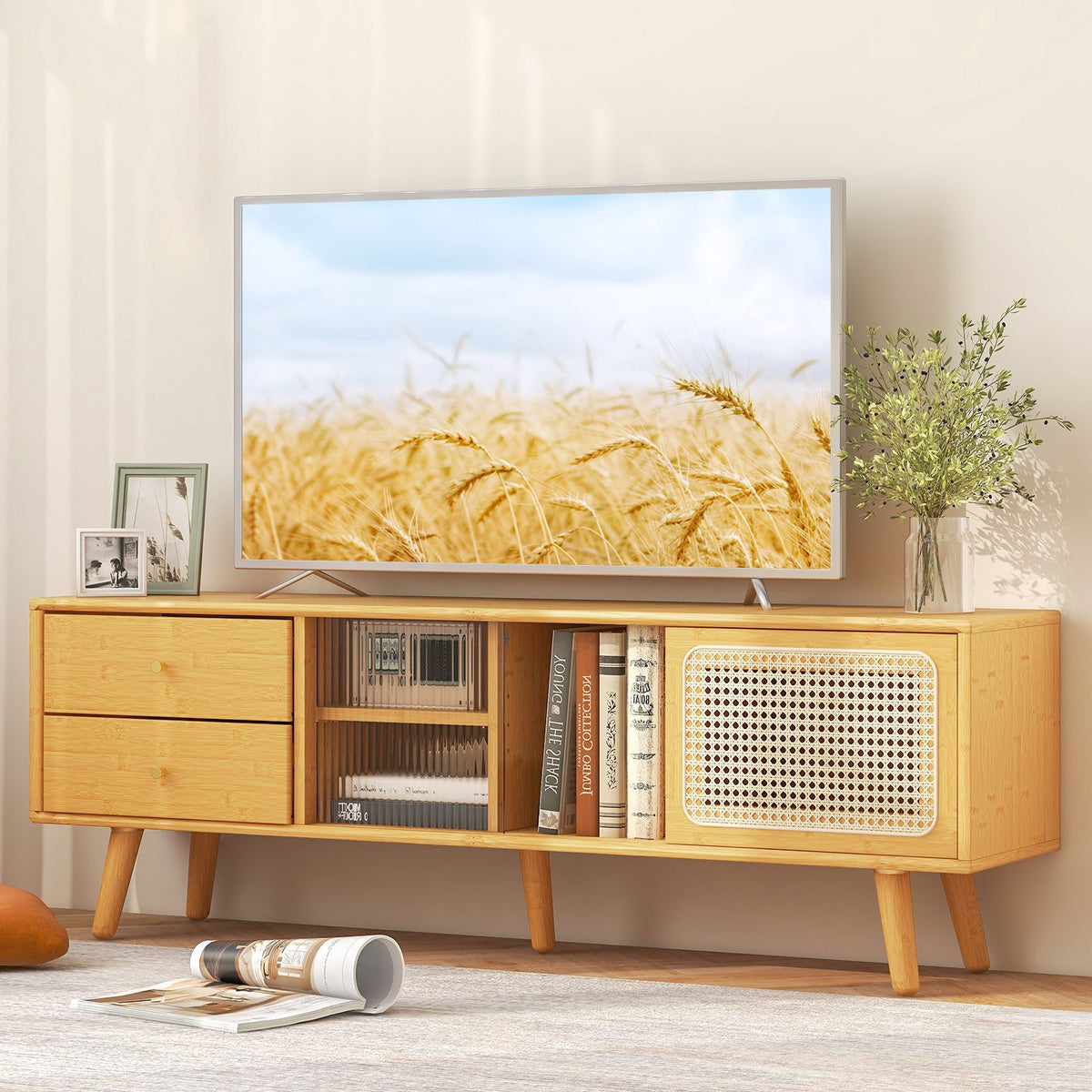 Bamboo TV Stand Modern Console Table for TV up to 65 Inch