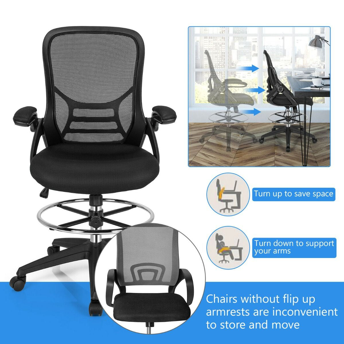 Mesh Drafting Chair with Flip-Up Armrests and Mid-Back Padded
