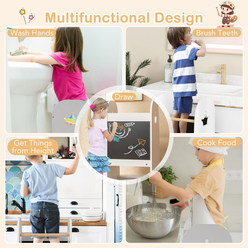 SEDOL 3-in-1 Montessori Learning Tower & Double-Sided Art Easel 3-Level Adjustable Kitchen Helper Stool with A-Frame Anti-Tip Safety Rail and Pine Wood Guards – 90kg Capacity