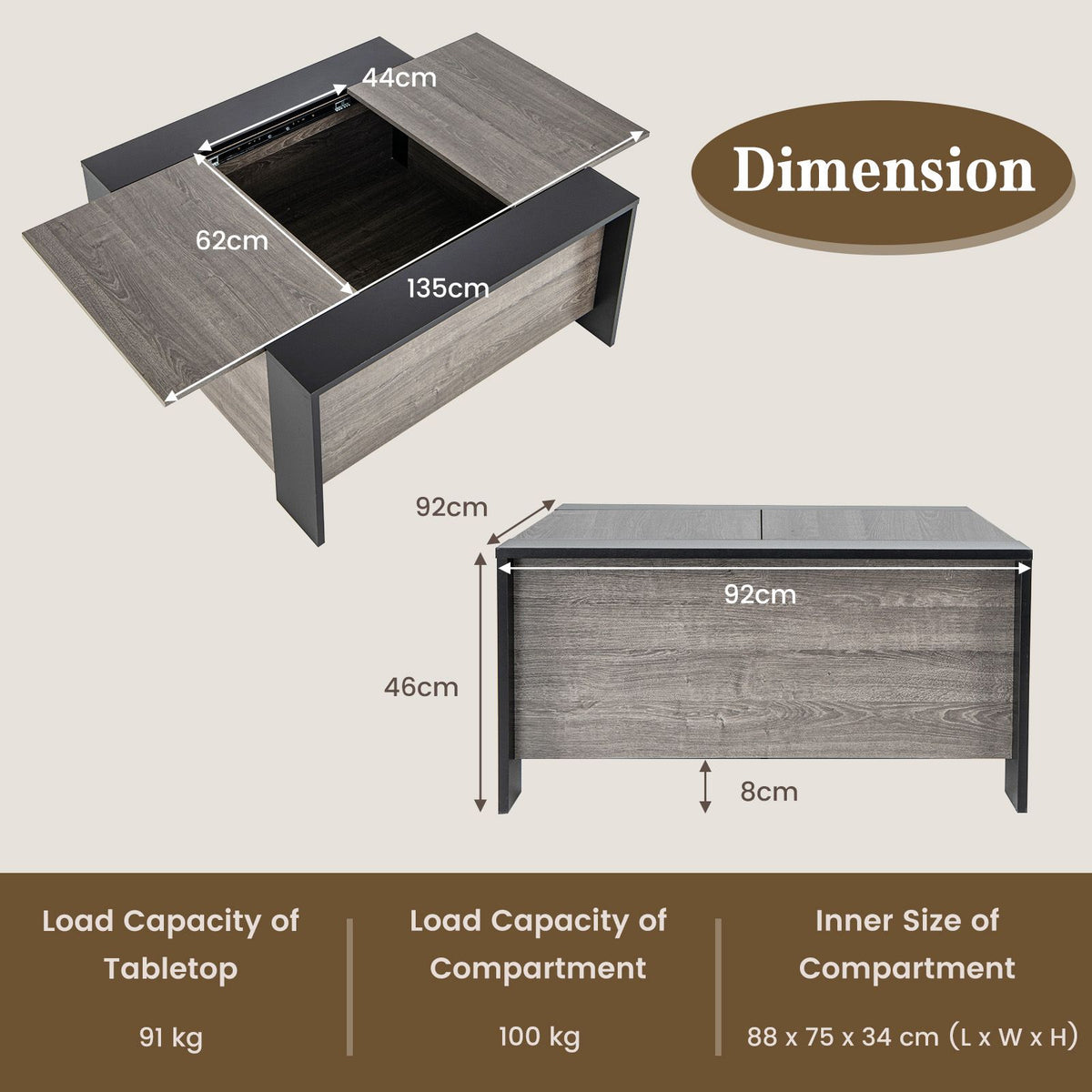 92Cm Square Coffee Table with Sliding Top and Hidden Compartment
