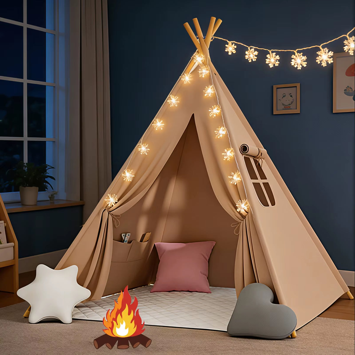Foldable Teepee Tent with Cusions Mats LED Star String Lights, Portable Play Tent for Indoor/Outdoor Garden Playhouse Adventures