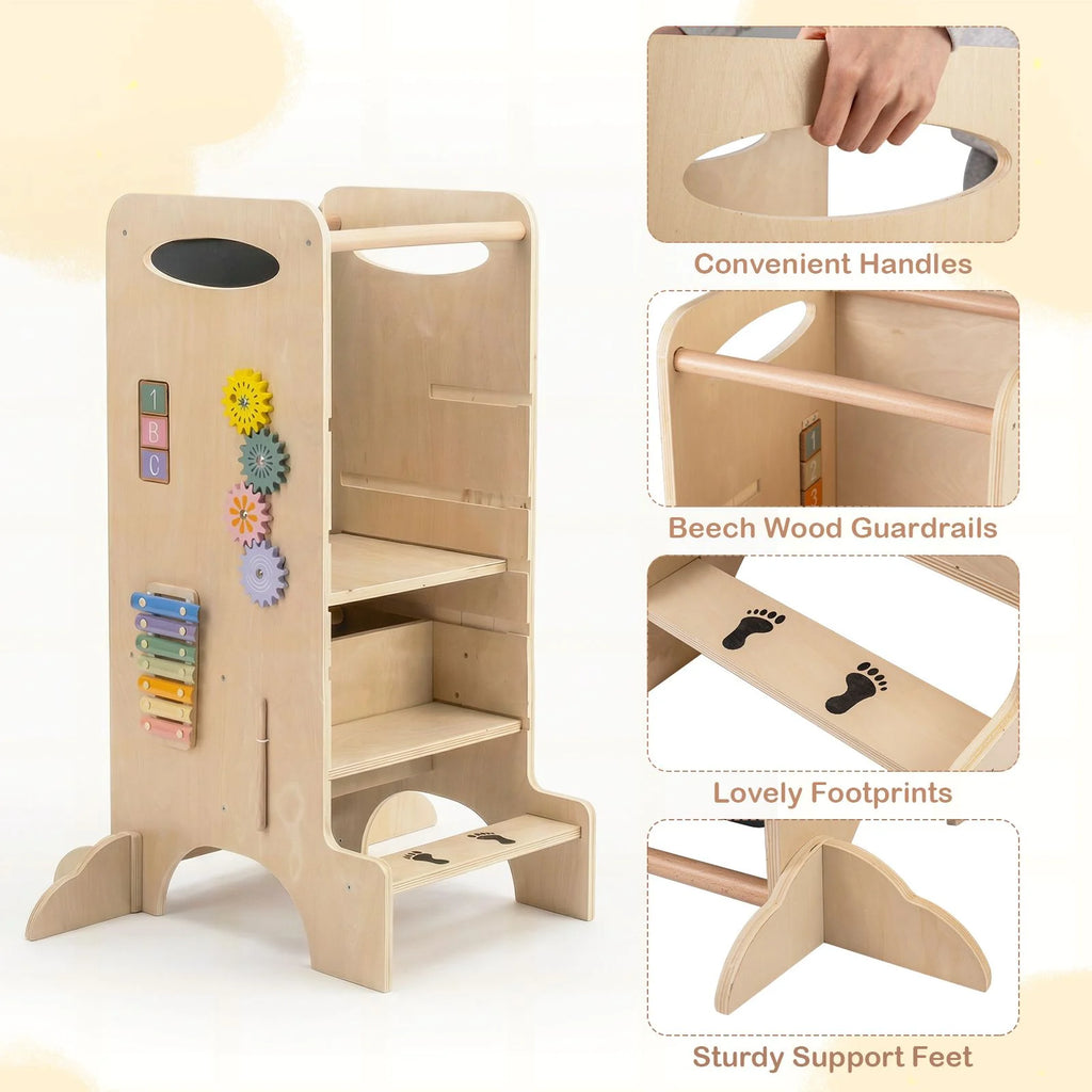 SEDOL 4-in-1 Montessori "Discovery Center" Learning Tower — Convertible Kitchen Helper Stool with Integrated Slide, High Chair, and 6-Feature Sensory Activity Station