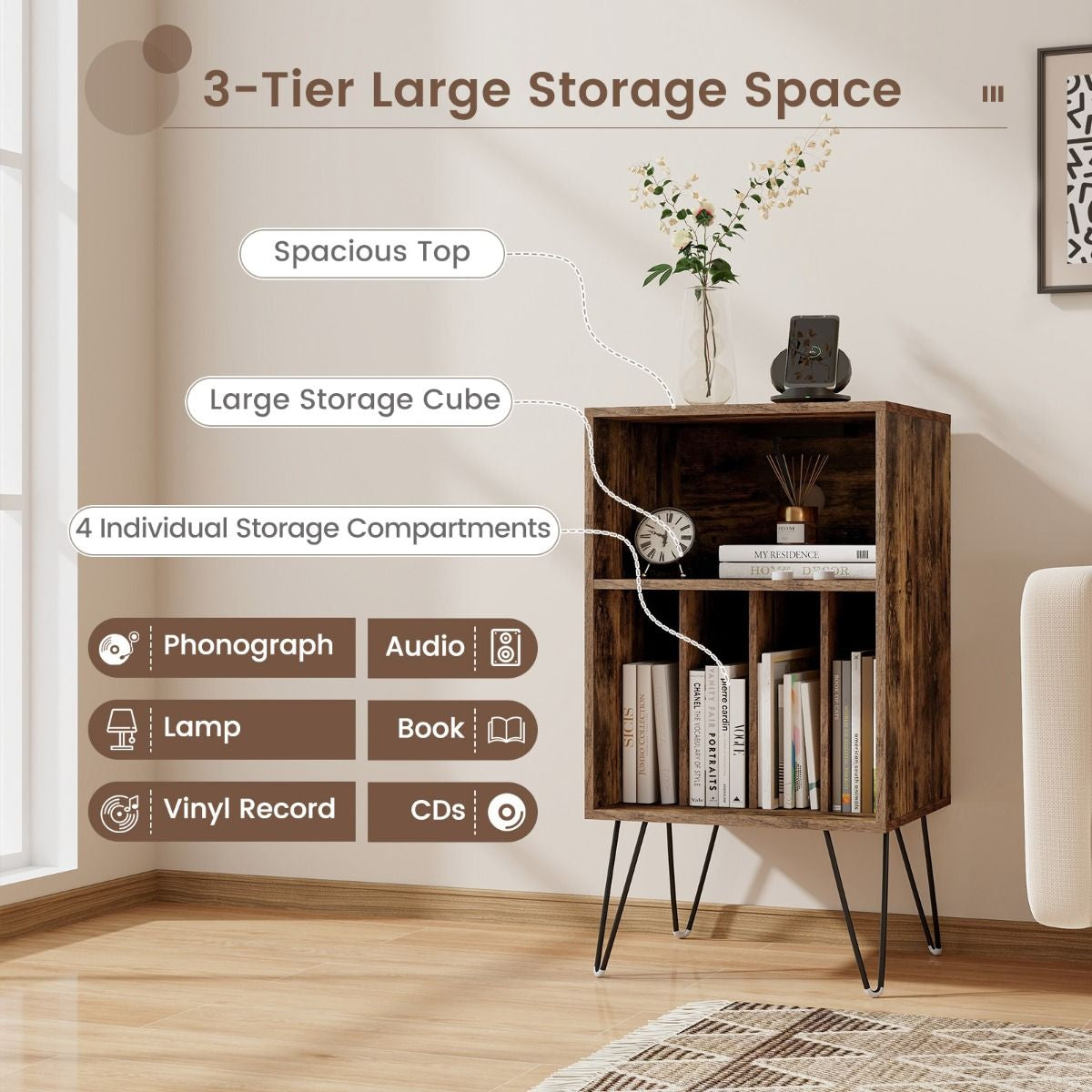 3-Tier Record Player Stand with Charging Station Shelf and 4 Dividers