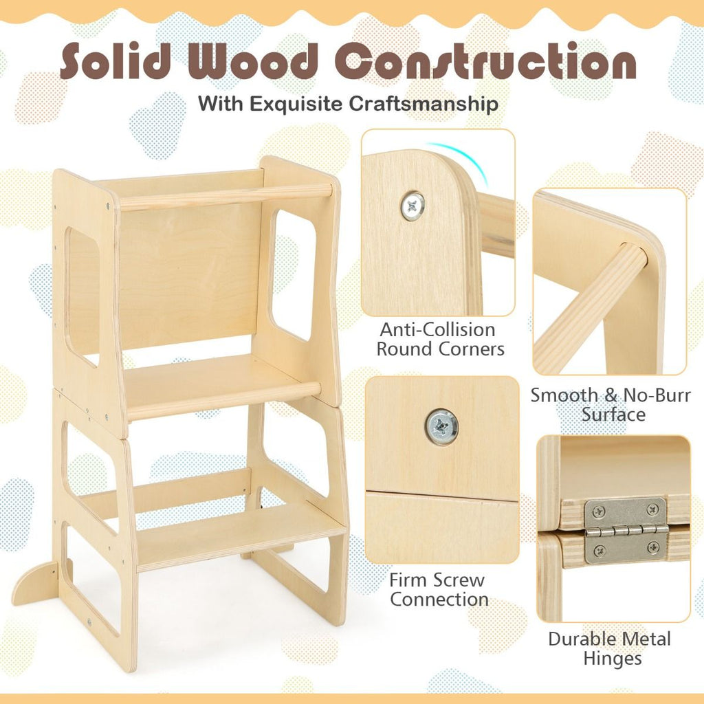 SEDOL 3-in-1 Montessori Convertible Learning Tower & Weaning Table with Integrated Chalkboard – Solid Wood Foldable Kitchen Helper Stool with A-Frame Stability – 60kg Capacity