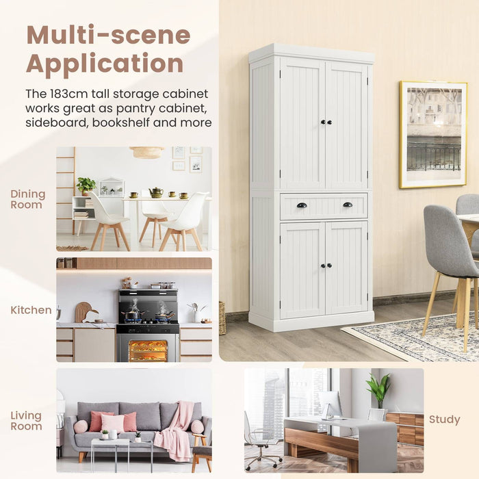 4-Door Tall Kitchen Cupboard Adjustable Shelves and Drawer