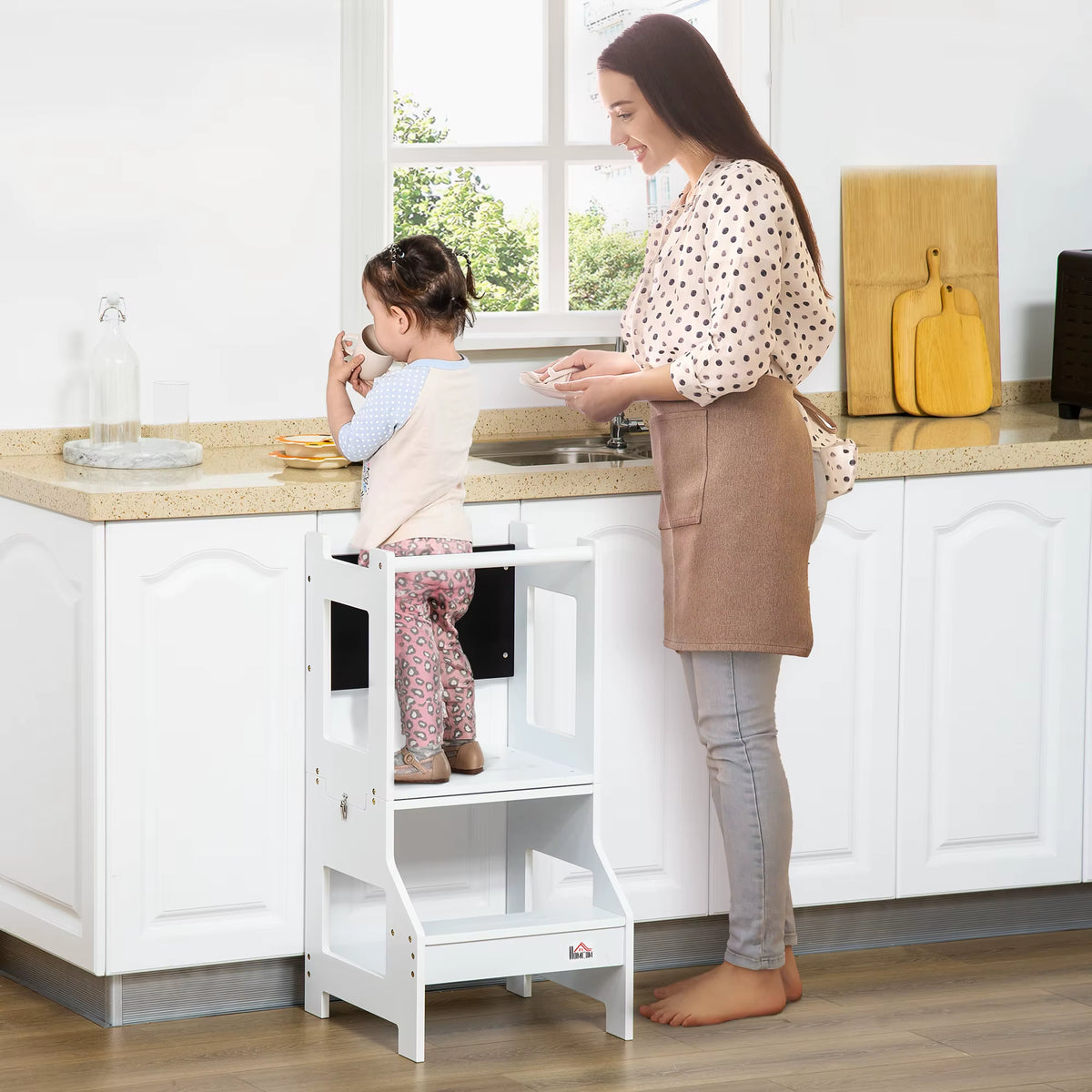 SEDOL 2-in-1 Montessori Convertible Learning Tower & Weaning Table with Integrated Chalkboard – Space-Saving Kitchen Helper Stool with Safety Guardrails