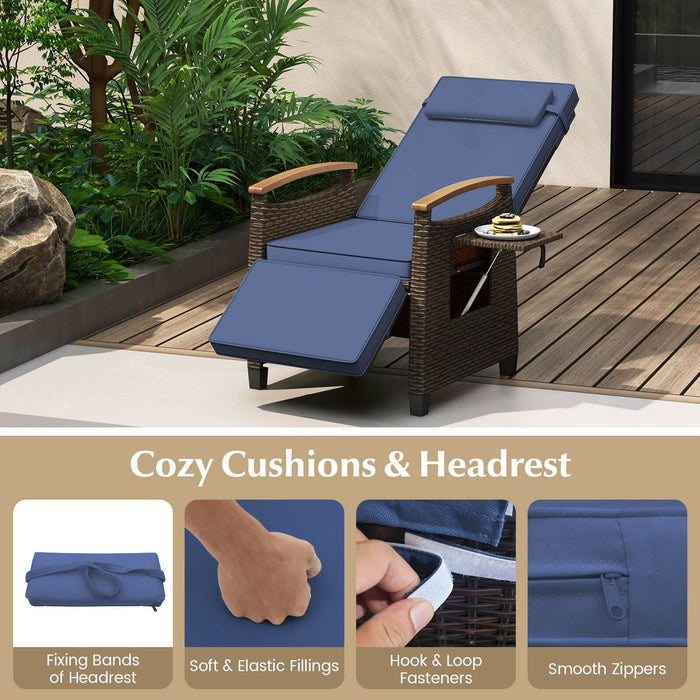 Patio Rattan Recliner Chair with Adjustable Backrest, Footrest & Flip Side Table