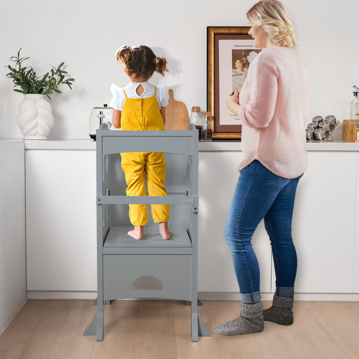 SEDOL Folding Montessori Learning Tower for Toddlers Space-Saving Height Adjustable Kitchen Helper Stool with Safety Latches and Full-Surround Guardrails